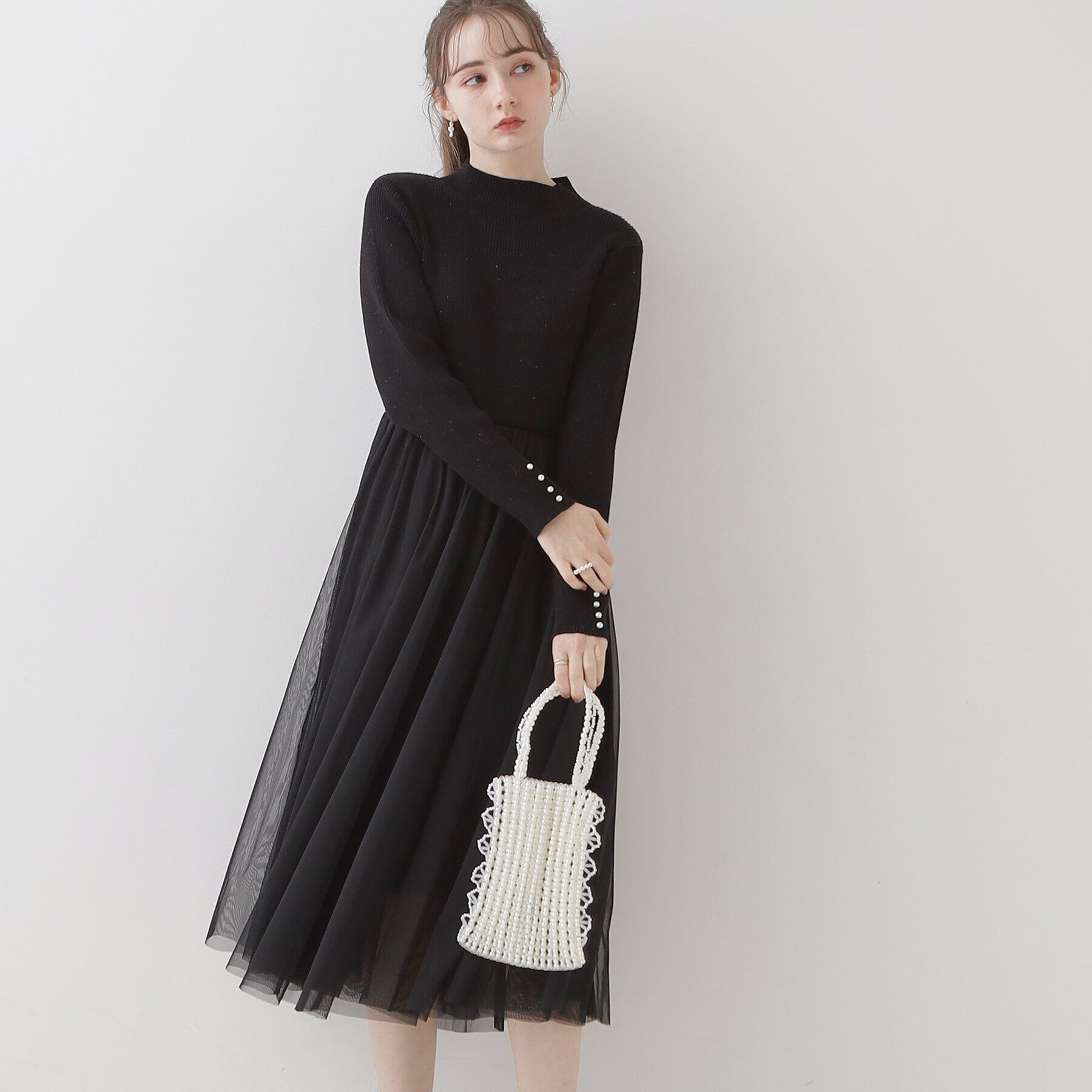 Couture broach「【ふわっと軽い上品なワンピ】ラメニットチュールドッキングワンピース」|ワンピース|