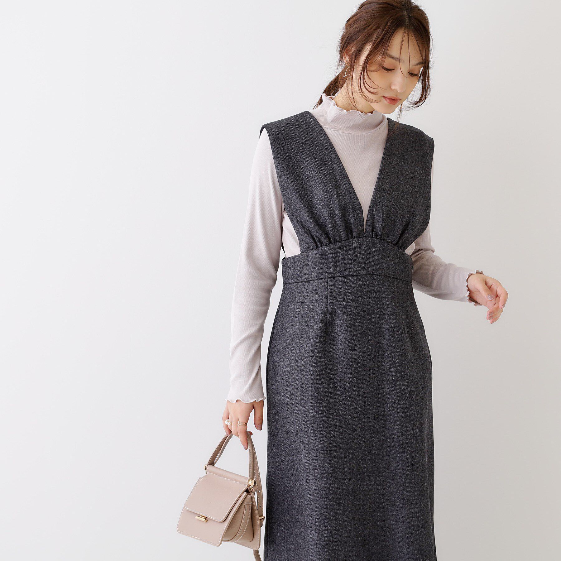 Couture broach「【洗える・スッキリ見え最旬ワンピ】メランジヘリンボーンジャンスカ」|ワンピース|