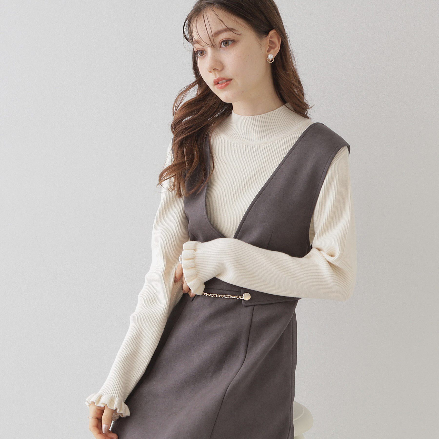 Couture broach「【プチプラ・フェミニンもカジュアルも】サステナブル　バックパール調プチフリルリブ」|ニット・セーター|