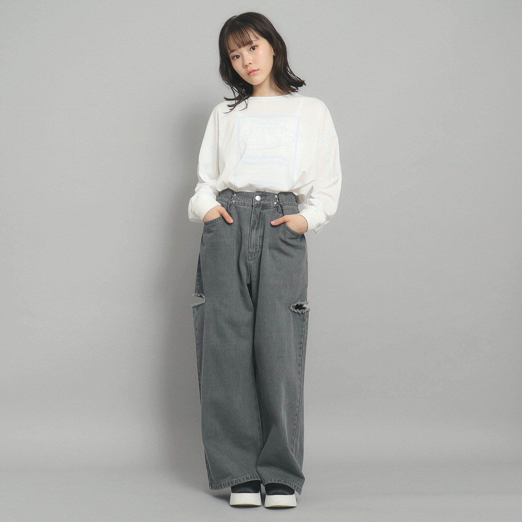 PINK-latte「【130cmあり】ステッチロゴロンT」|Tシャツ・カットソー|オフホワイト(003