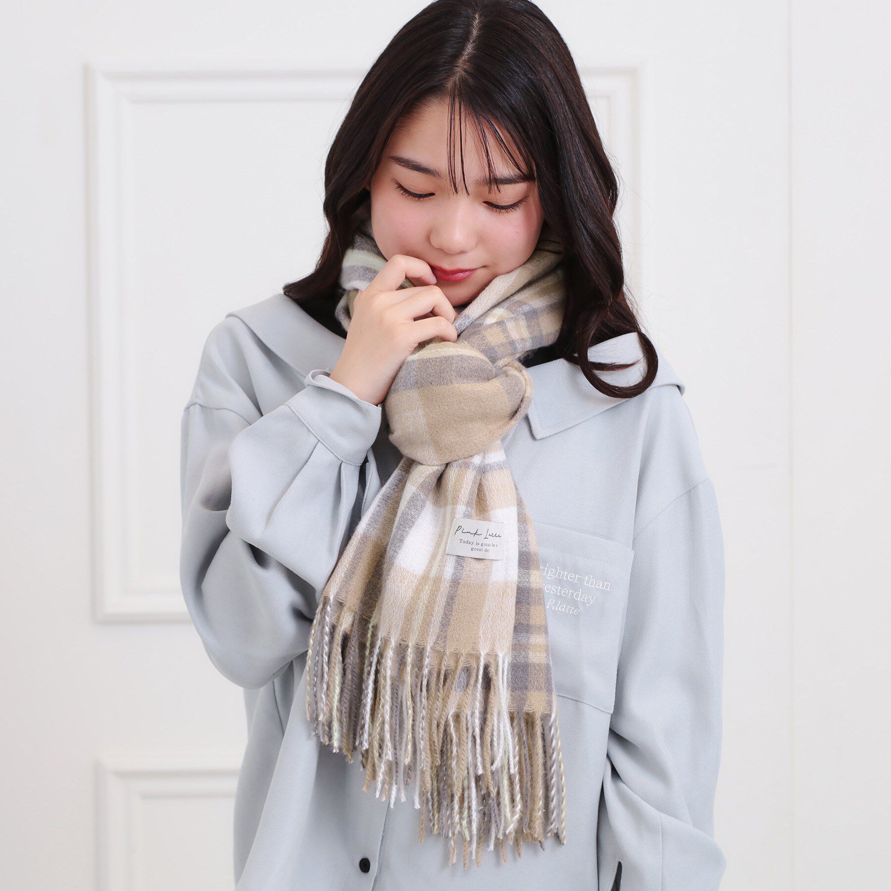 PINK-latte「起毛タータンストール」|マフラー|