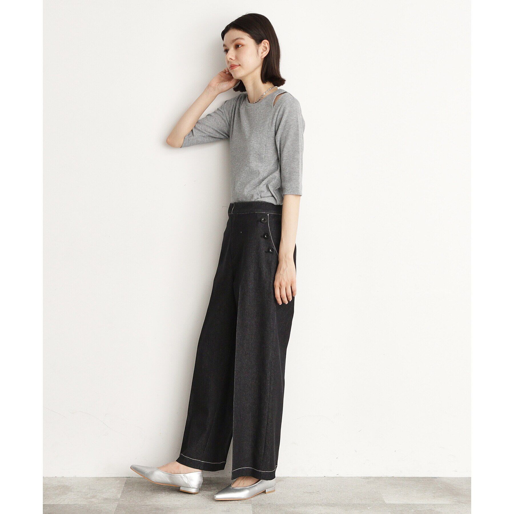 THE SHOP TK「【腕周りカバー】５分袖スリットラメ/洗える」|Tシャツ・カットソー|