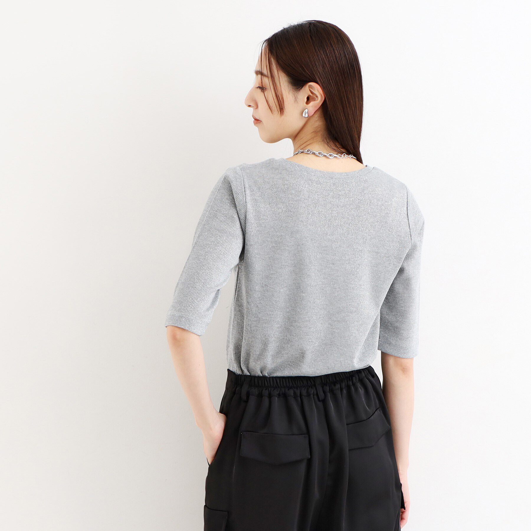 THE SHOP TK「【腕周りカバー】５分袖スリットラメ/洗える」|Tシャツ・カットソー|