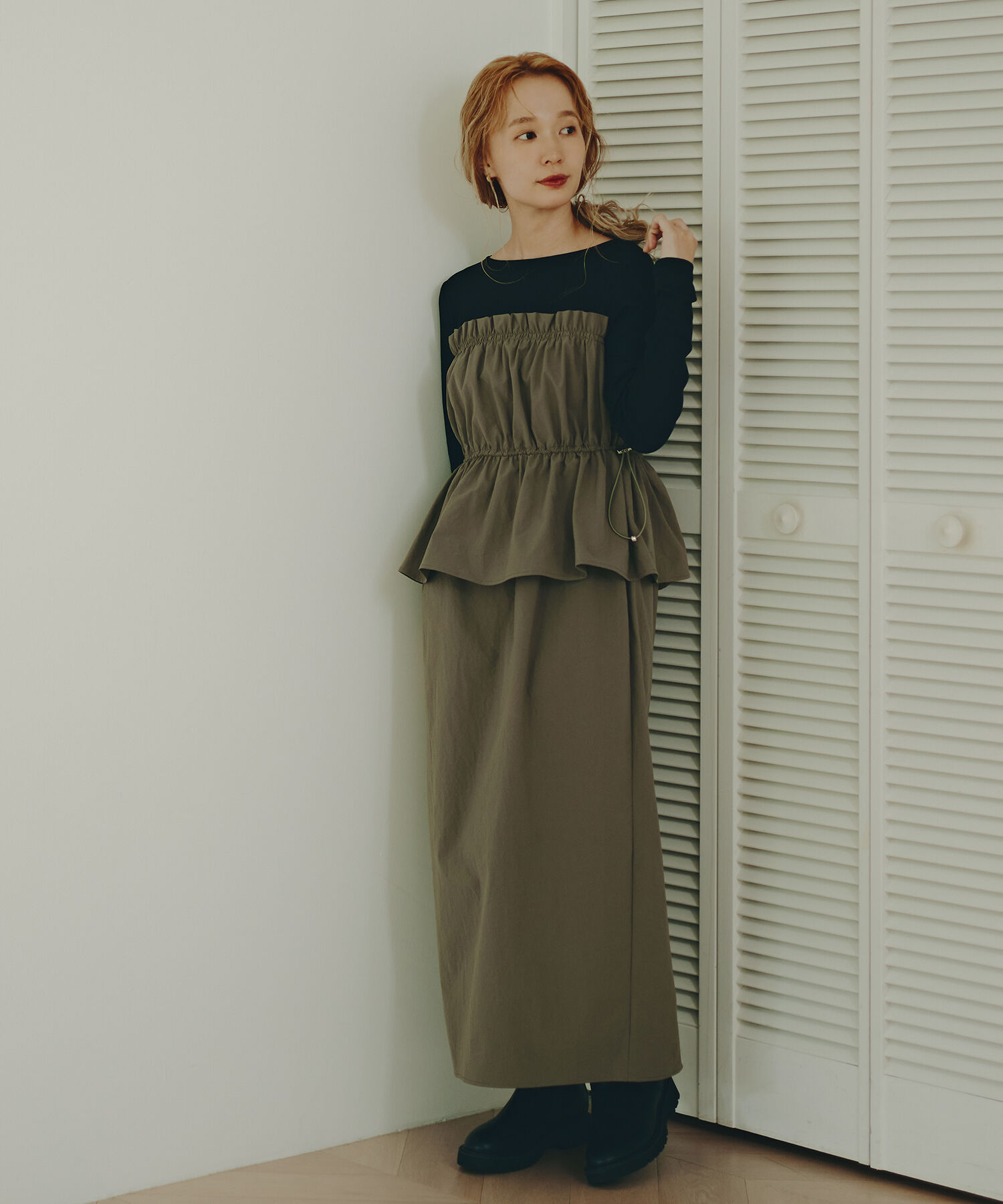  「ドロストコードドッキングワンピース長袖」|ワンピース|カーキ