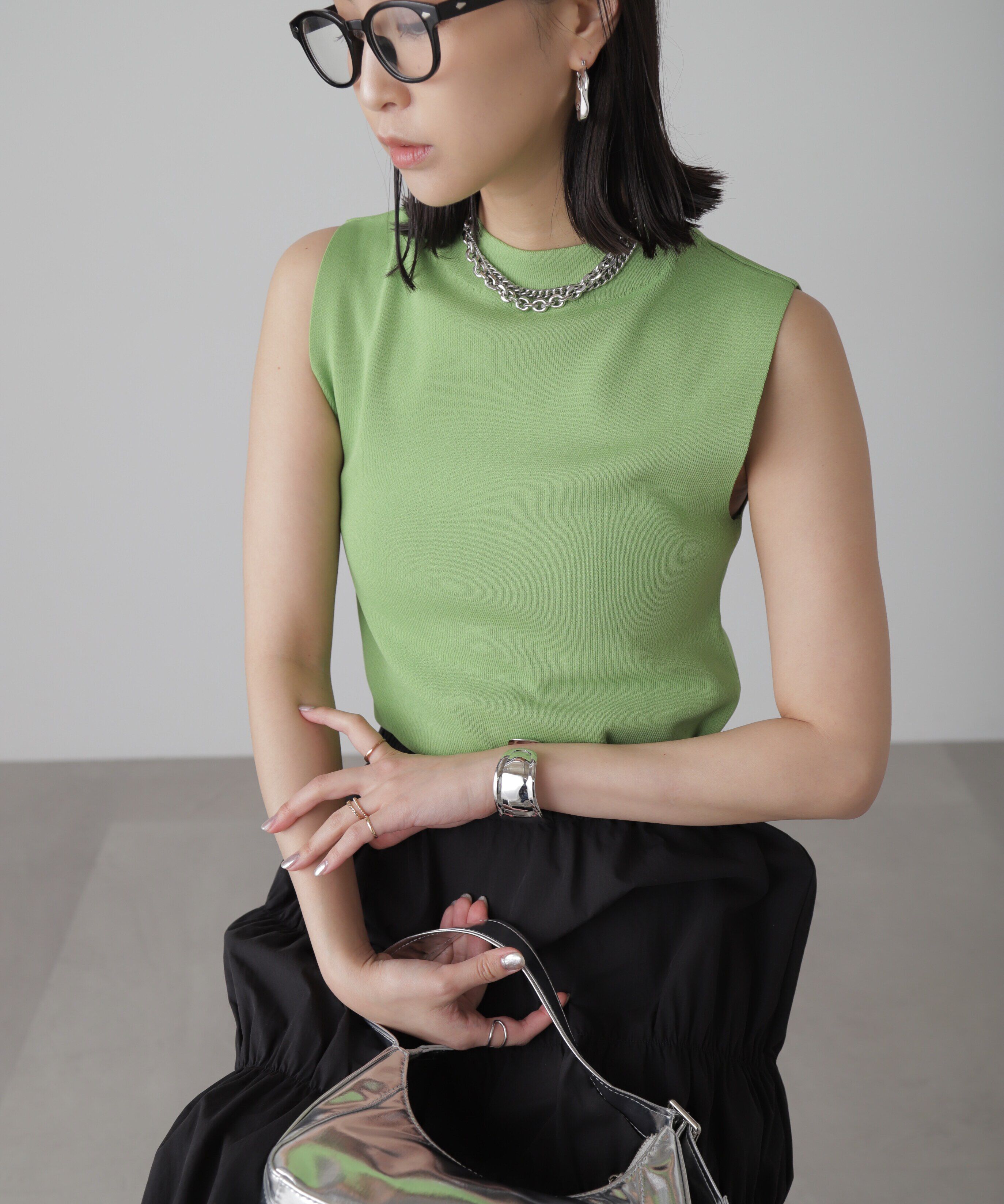  「［洗える］マシンウォッシャブル総針ボトルネックノースリーブニット」|ニット・セーター|