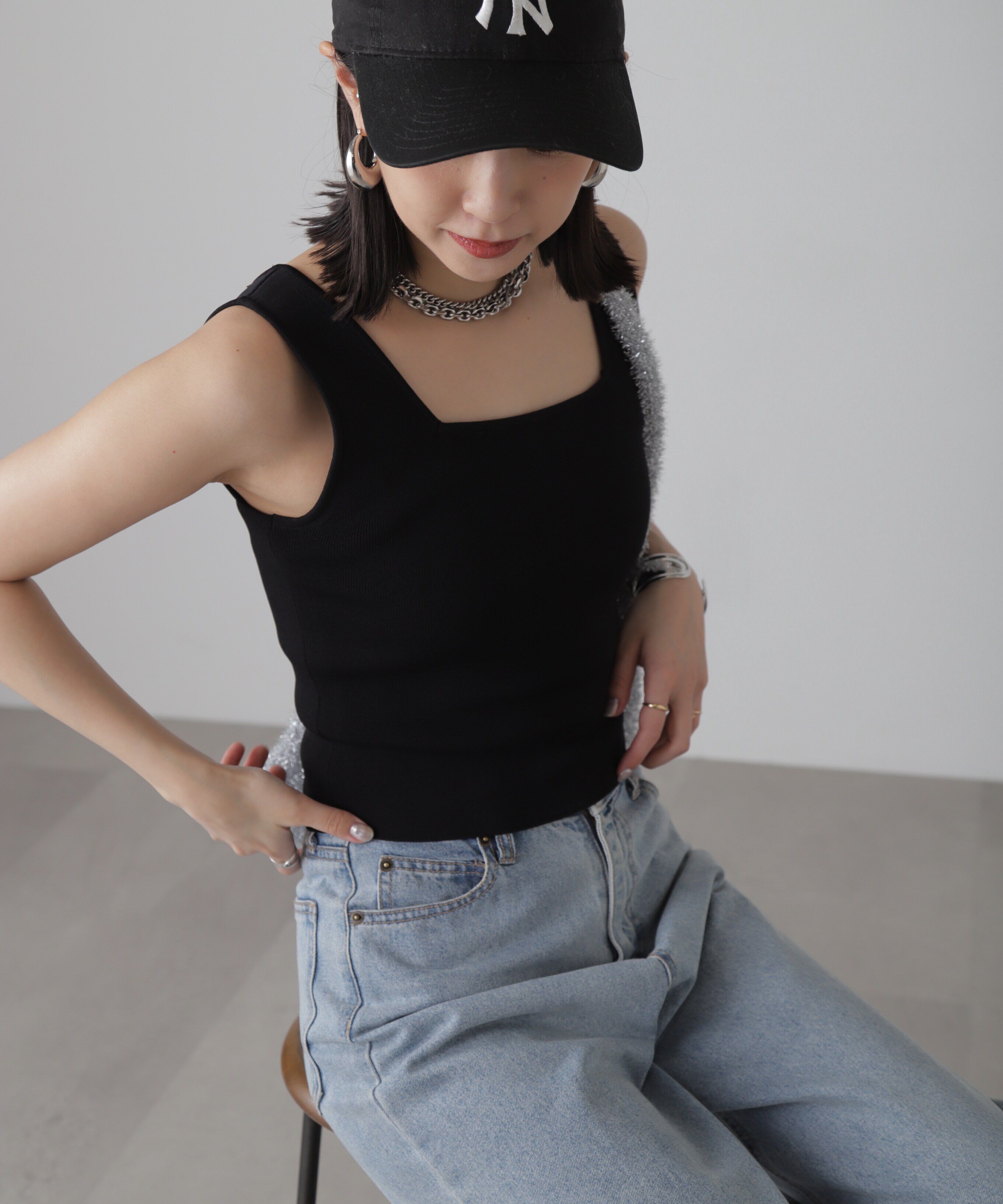  「［洗える］マシンウォッシャブル総針スクエアネックタンクニット」|ニット・セーター|