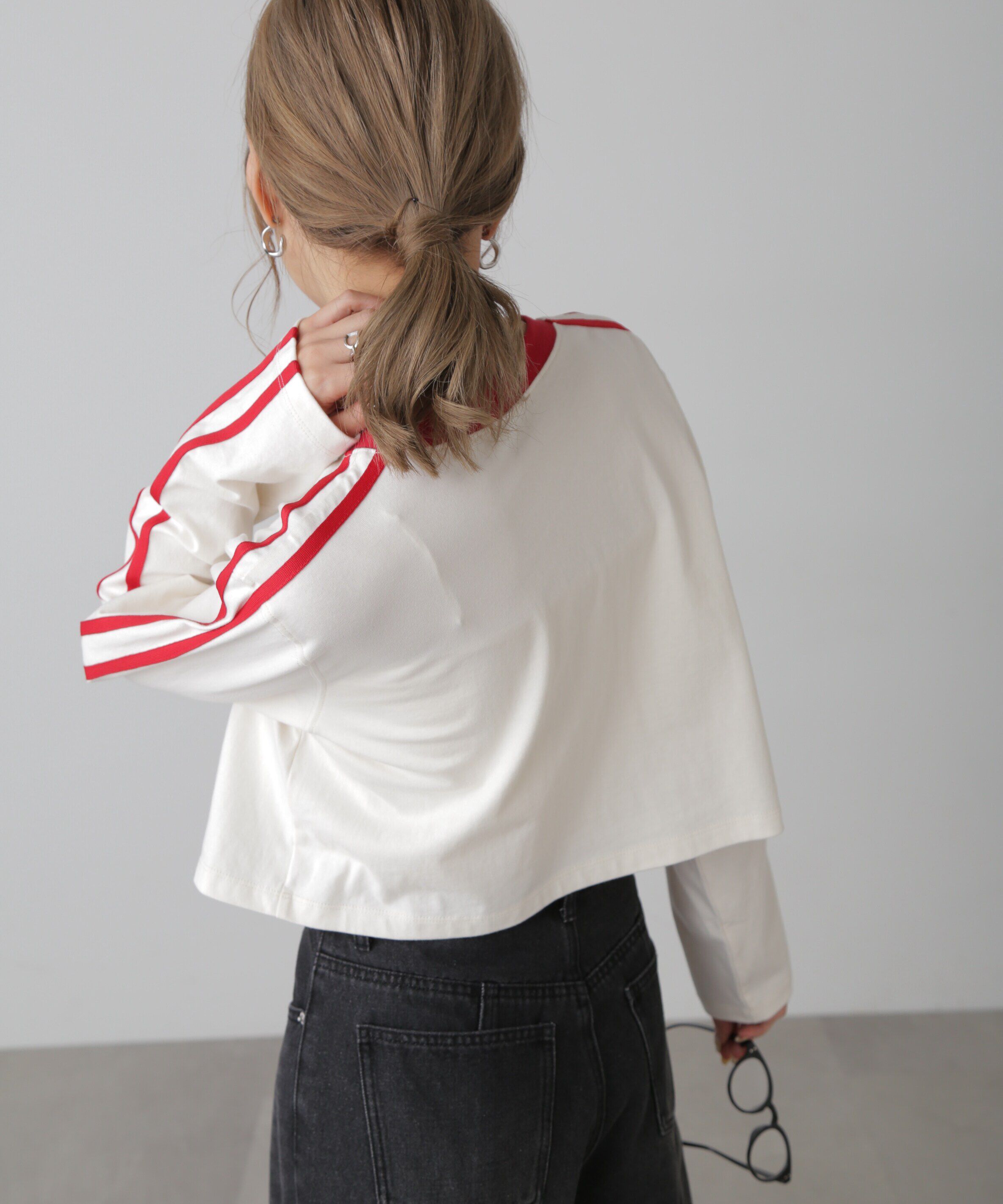  「サイドラインロングTシャツ」|Tシャツ・カットソー|ホワイト&times;レ  1