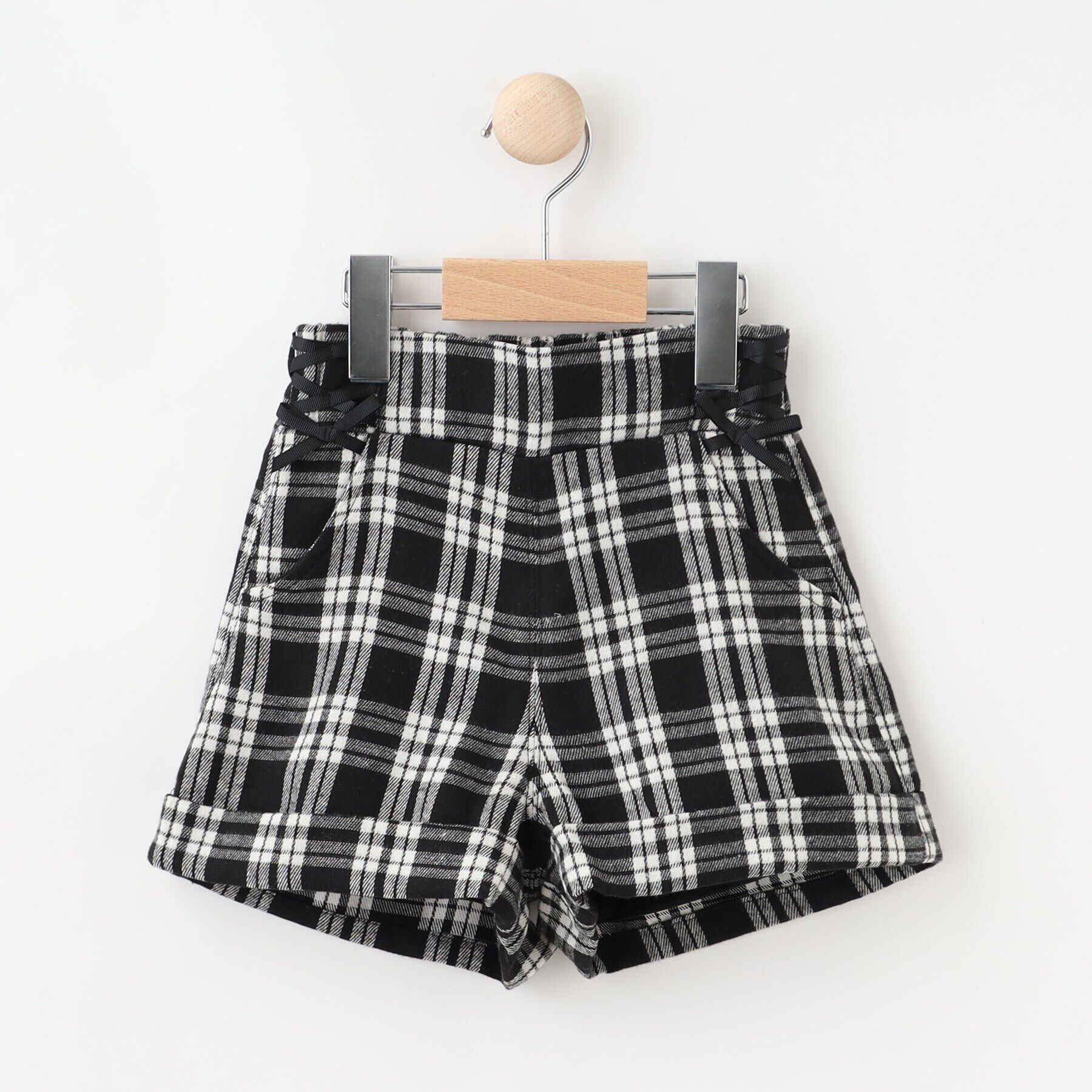 SHOO･LA･RUE「【110-140cm/セットアップ可】チェックサイドリボンショートパンツ」|キュロット|ブラック(219)