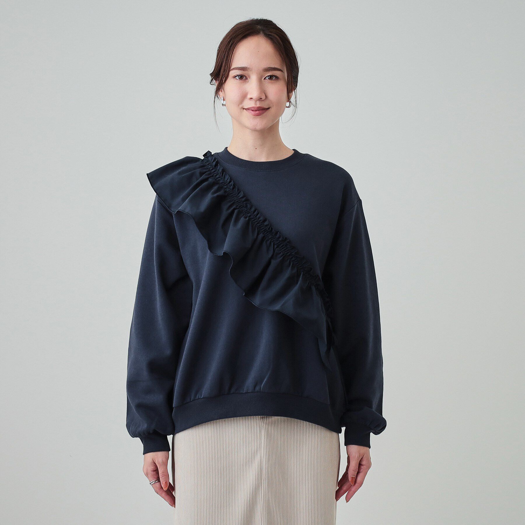 SHOO･LA･RUE「【S-LL】アシメフリル裏起毛スウェット」|パーカー|