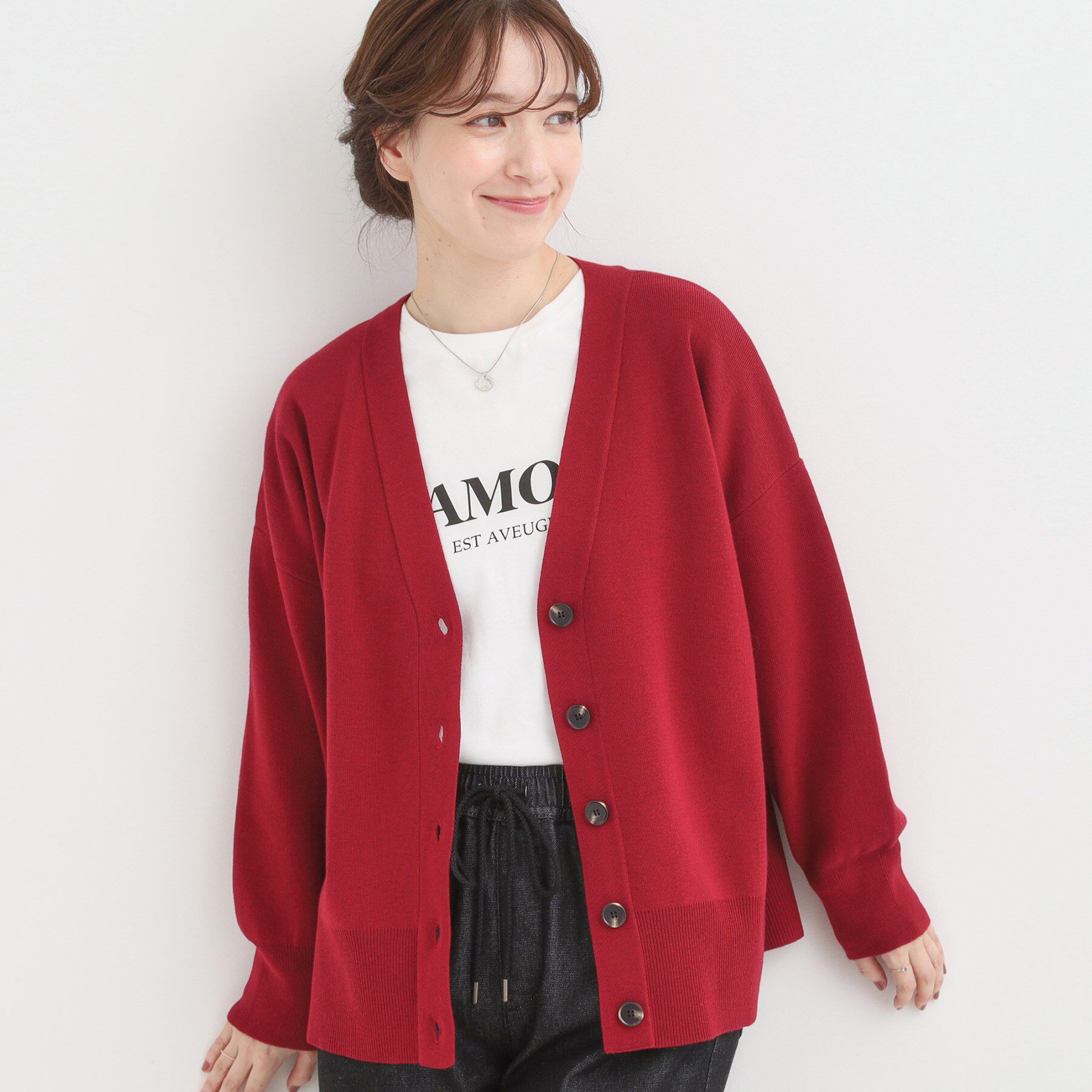 SHOO･LA･RUE「【洗える/毛玉レス】表面がきれいなVネックカーディガン」|カーディガン|レッド(063)