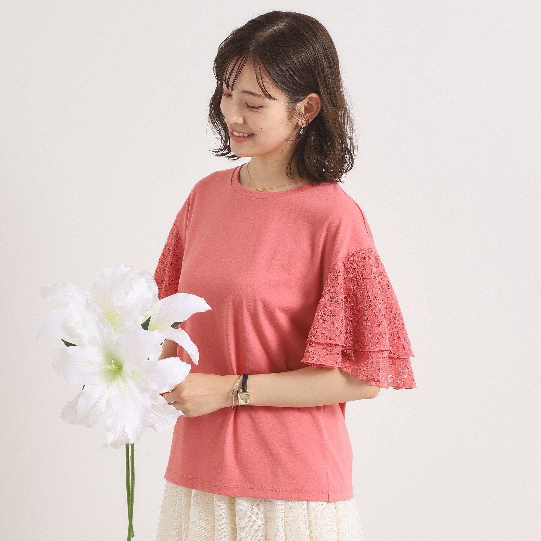 ITS&rsquo;DEMO「【手洗い可】袖フレアレースプルオーバー」|Tシャツ・カットソー|ピンク(072)
