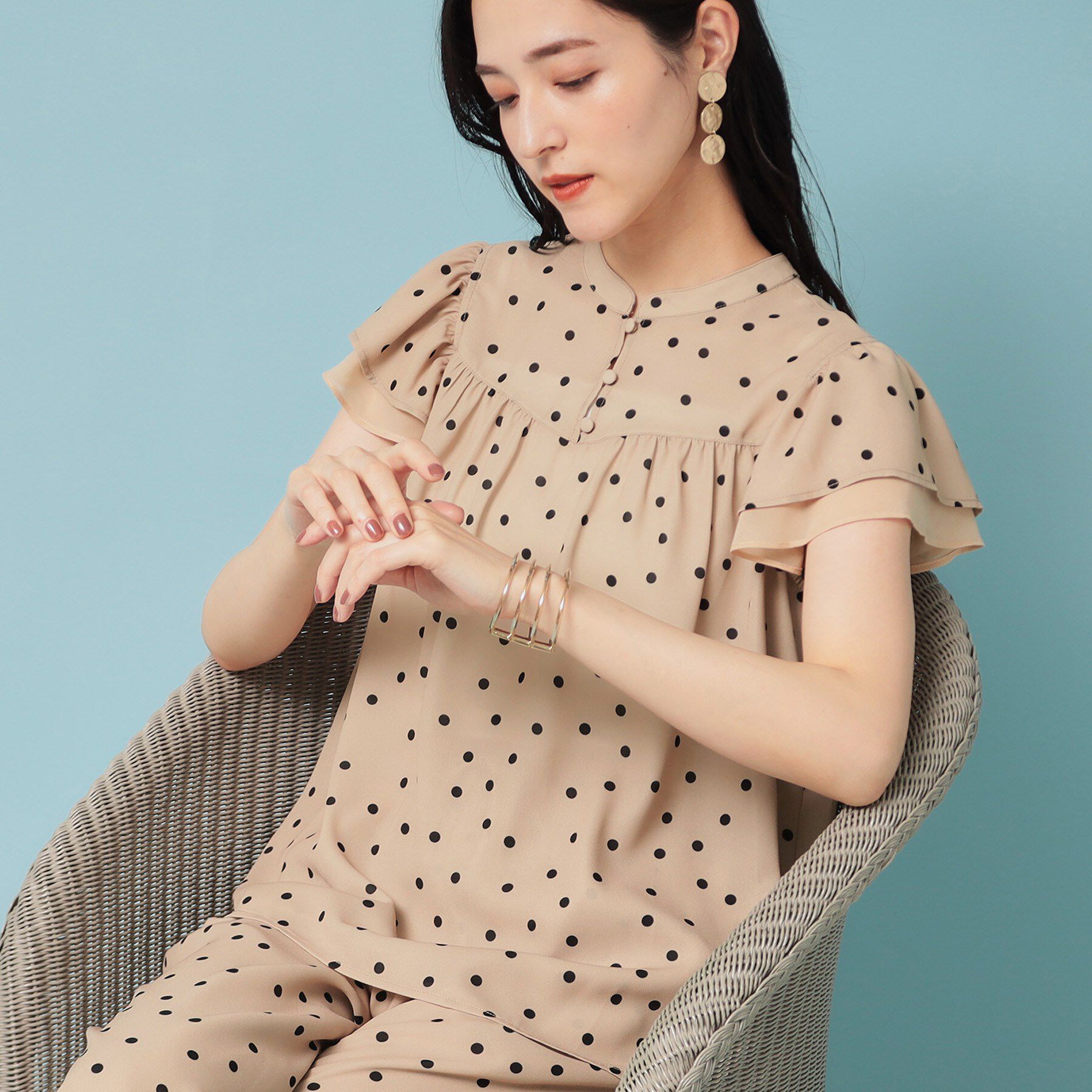 SunaUna「【袖ラッフル／S～L】ドット柄ブラウス」|シャツ・ブラウス|ベージュ(152)