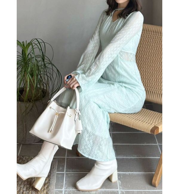 MERCURYDUO「カットレースブロッキングフレアスリーブマーメイドワンピース」|ワンピース|