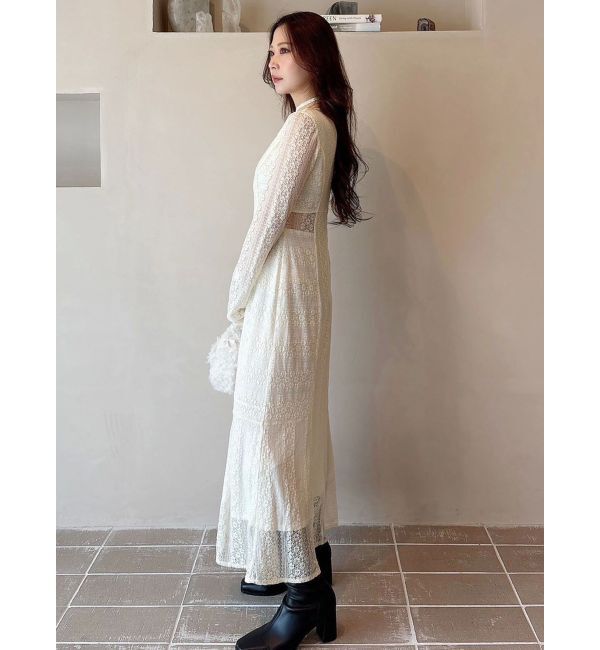 MERCURYDUO「カットレースブロッキングフレアスリーブマーメイドワンピース」|ワンピース|