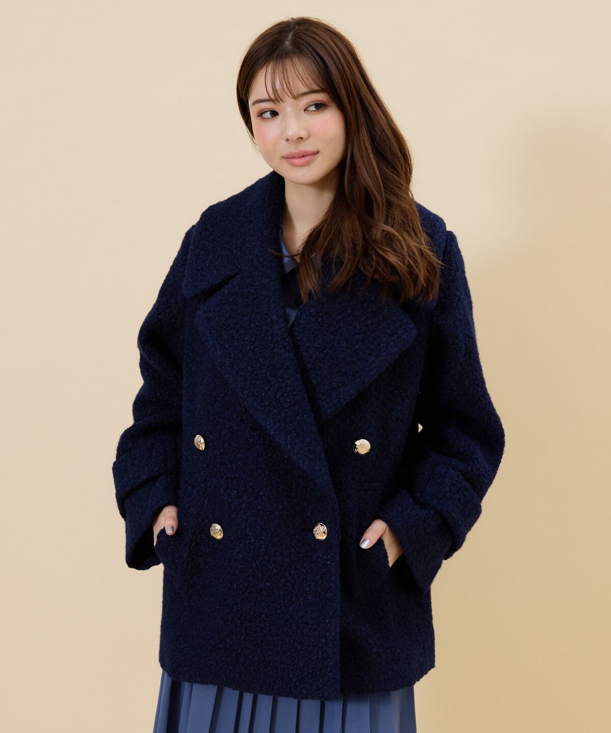 REDYAZEL「ボアダブルミドルコート」|ステンカラーコート|ネイビー