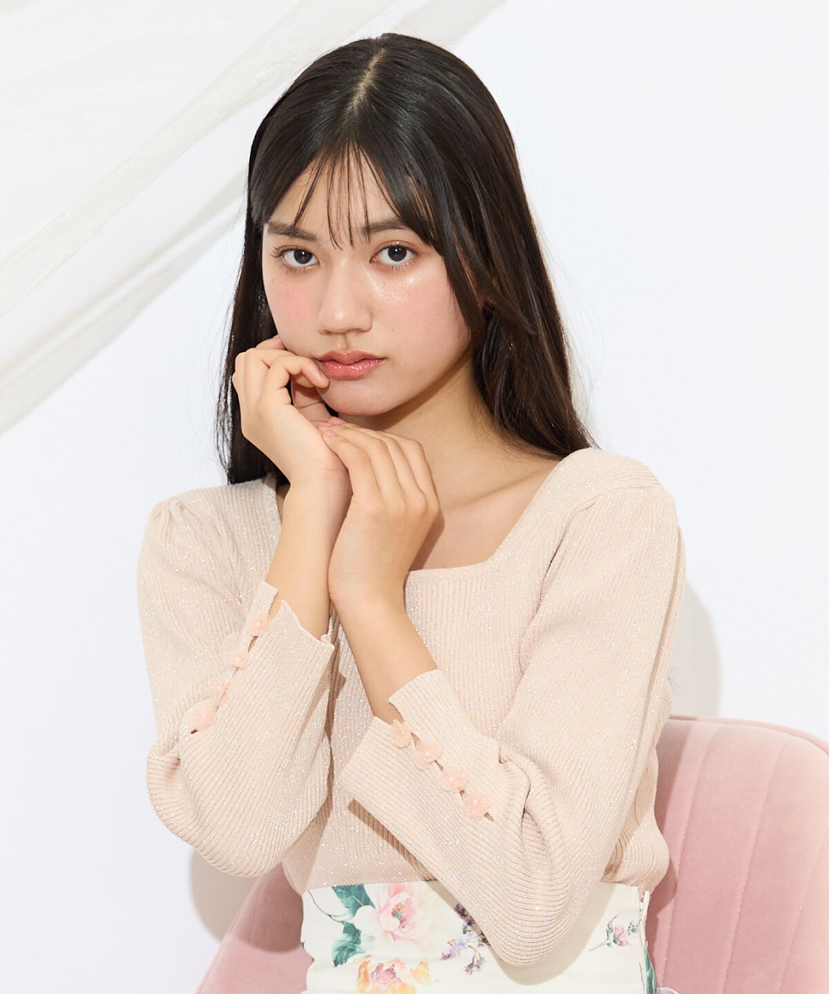 WILLSELECTION「袖フラワーラメ7分袖ニットプルオーバー」|ニット・セーター|