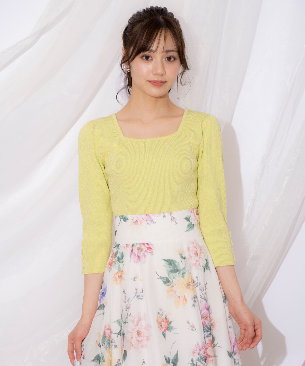 WILLSELECTION「袖フラワーラメ7分袖ニットプルオーバー」|ニット・セーター|イエロー