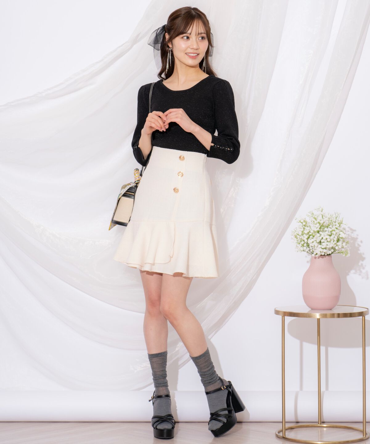 WILLSELECTION「袖フラワーラメ7分袖ニットプルオーバー」|ニット・セーター|