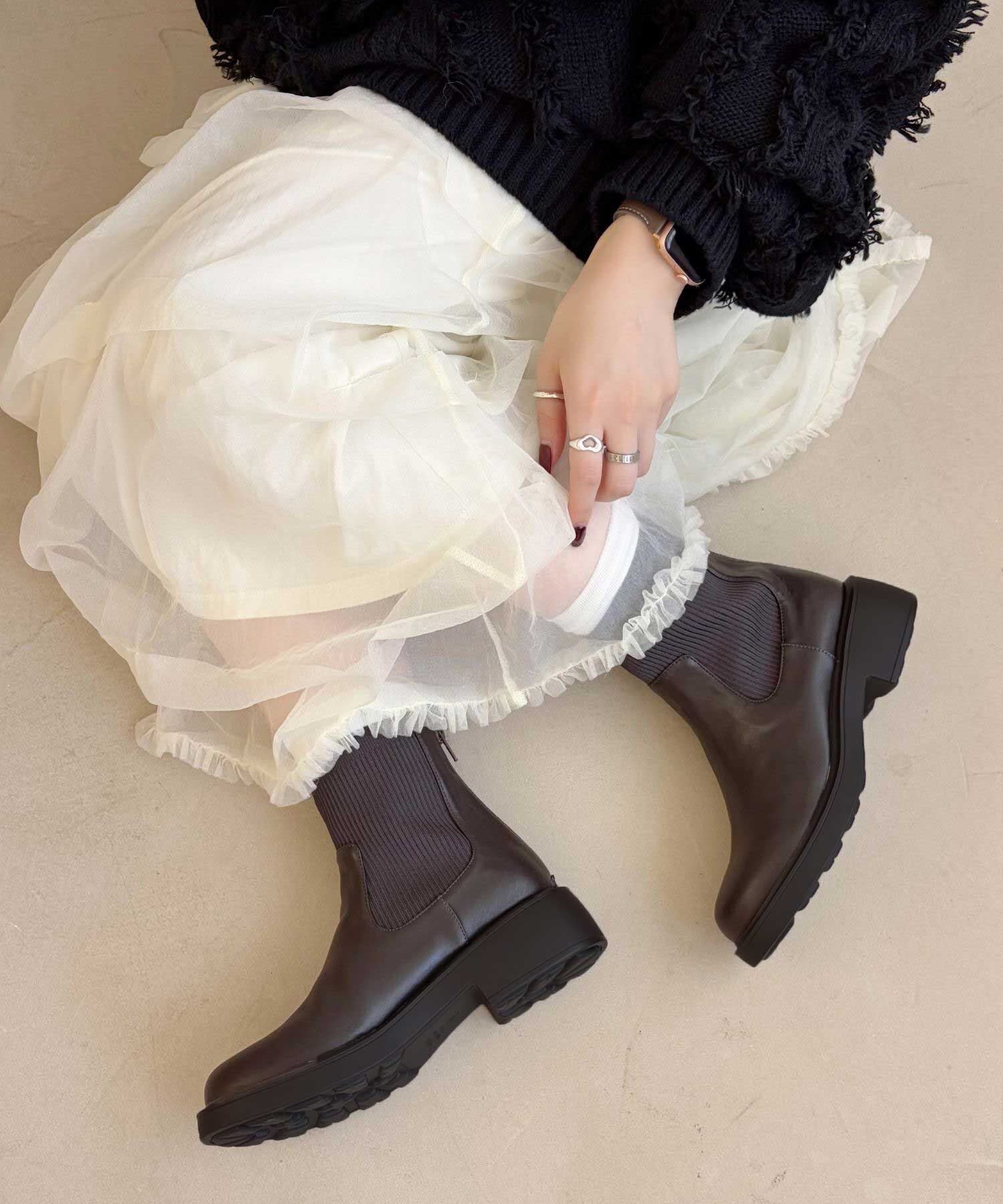 WA Oriental TRaffic「●2025秋冬新作●リブニットバックジップブーツ/52407」|ショートブーツ|BROWN