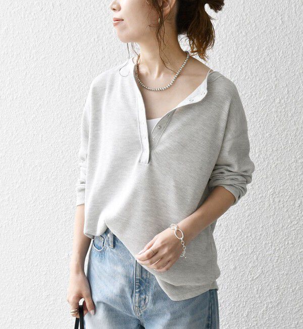 SHIPS any「SHIPS any:〈洗濯機可能〉ワッフル ヘンリーネック ラウンドヘム プルオーバー」|Tシャツ・カットソー|