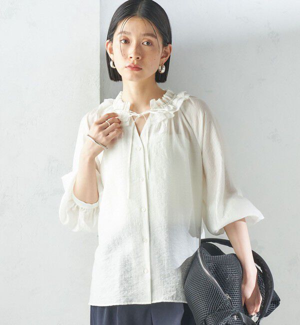 SHIPS for women「〈手洗い可能〉シルク混 シアー フリル ネック ギャザー ブラウス」|シャツ・ブラウス|