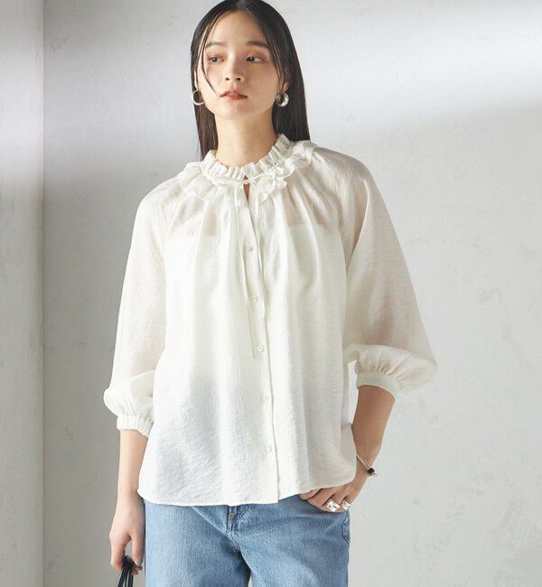 SHIPS for women「〈手洗い可能〉シルク混 シアー フリル ネック ギャザー ブラウス」|シャツ・ブラウス|