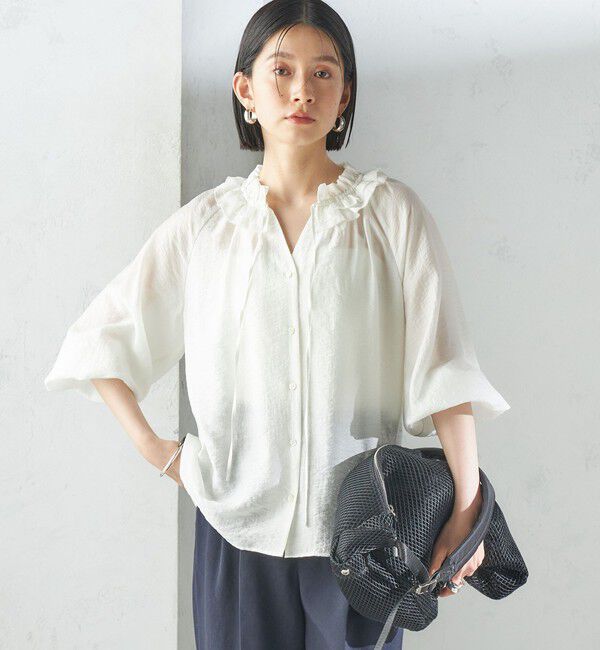 SHIPS for women「〈手洗い可能〉シルク混 シアー フリル ネック ギャザー ブラウス」|シャツ・ブラウス|