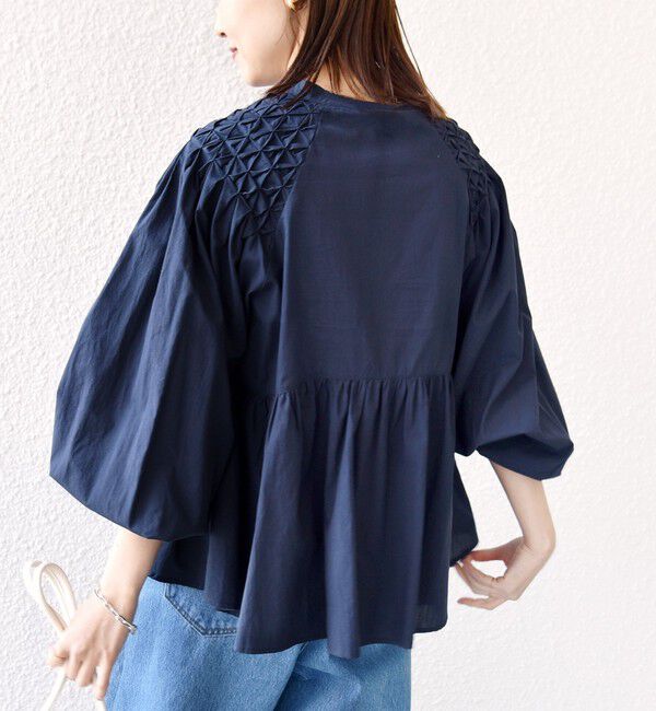 SHIPS for women「《予約》【WEB限定】〈手洗い可能〉ショルダー 刺繍 タック ブラウス」|シャツ・ブラウス|ネイビー