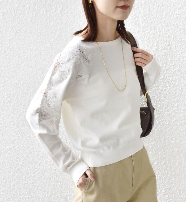 SHIPS for women「《予約》【WEB限定】〈手洗い可能〉ショルダー レース コンビ ニット プルオーバー」|ニット・セーター|オフホワイト