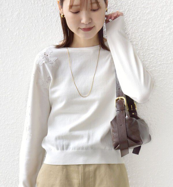 SHIPS for women「《予約》【WEB限定】〈手洗い可能〉ショルダー レース コンビ ニット プルオーバー」|ニット・セーター|