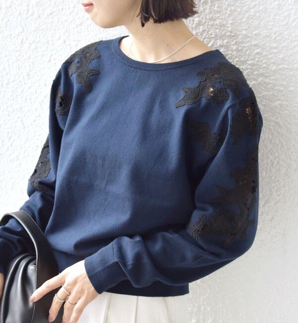 SHIPS for women「《予約》【WEB限定】〈手洗い可能〉ショルダー レース コンビ ニット プルオーバー」|ニット・セーター|ネイビー
