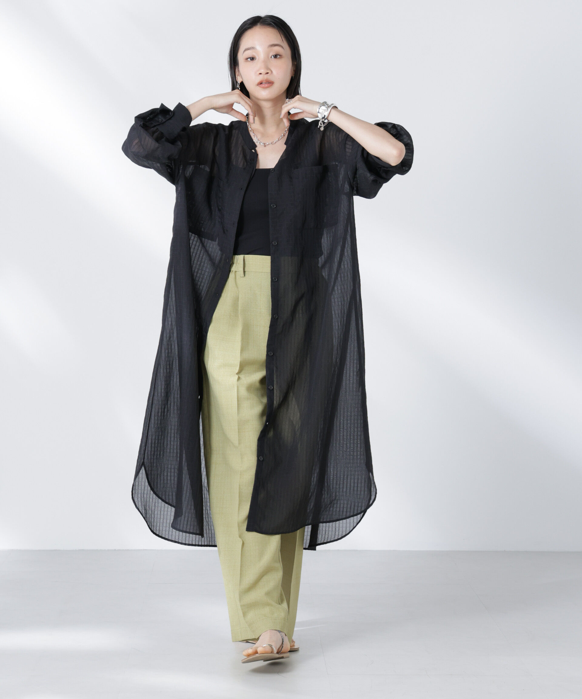 nano･universe「シアーストライプシャツワンピース」|ワンピース|ブラック