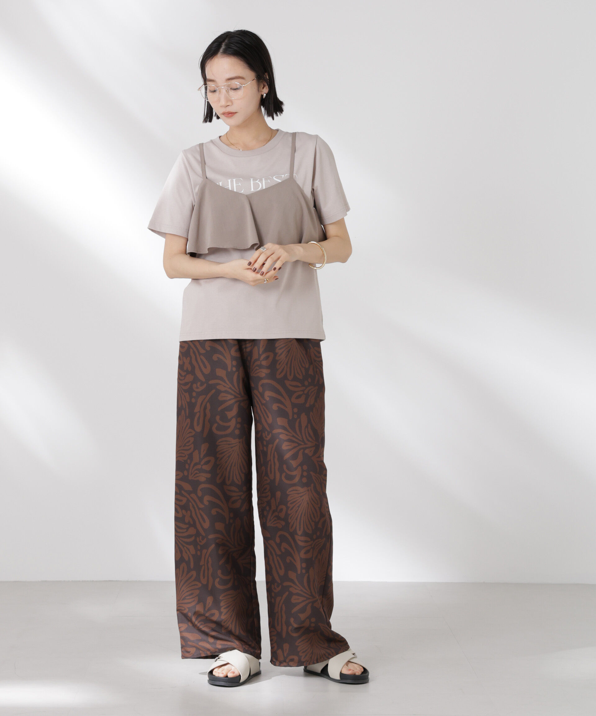 nano･universe「ボタニカルプリントイージーワイドパンツ(セットアップ可)」|チノ|