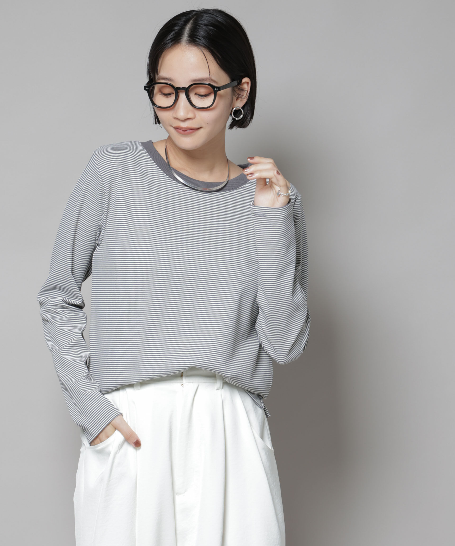 nano･universe「ミジンボーダーロングスリーブTシャツ」|Tシャツ・カットソー|グレー