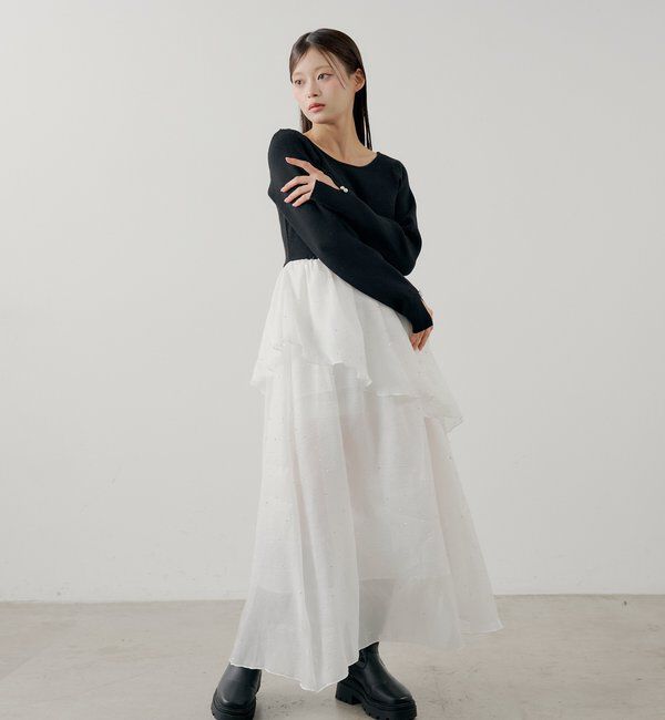  「【SALON by Chico】パール付きドッキングタックボリュームワンピース」|ワンピース|