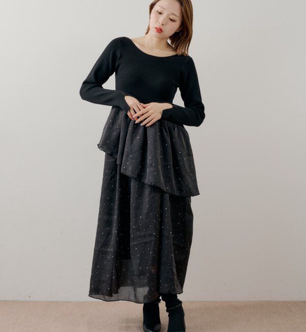  「【SALON by Chico】パール付きドッキングタックボリュームワンピース」|ワンピース|