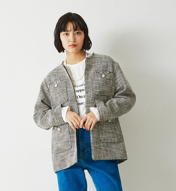 abahouse mavie「ツィードオーバージャケット」|ノーカラージャケット|