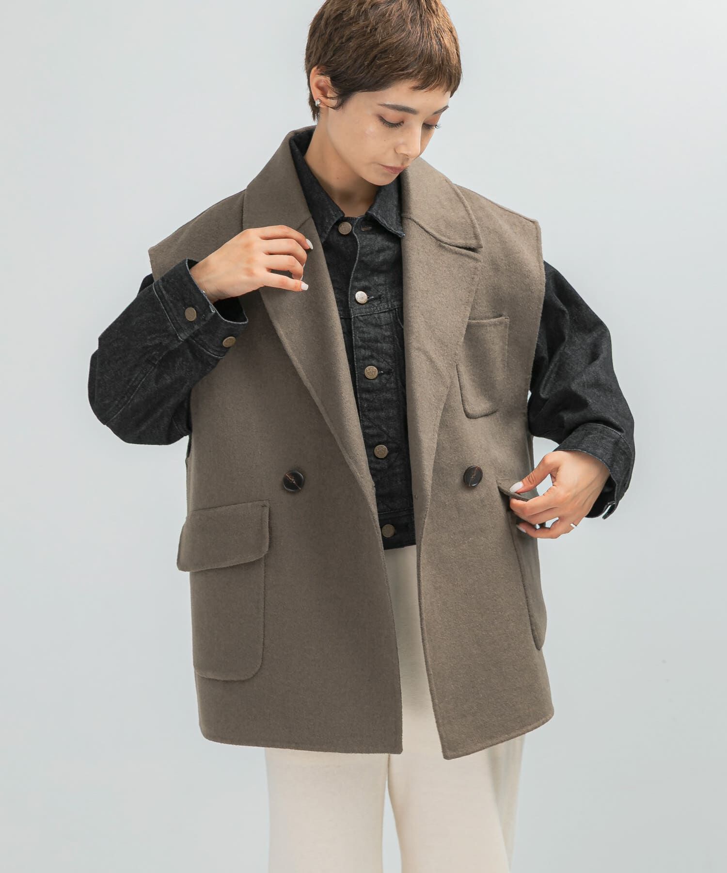 URBAN RESEARCH ROSSO「『一部別注カラー』YENN　DOUBLE FACE VEST JACKET」|ノーカラーコート|