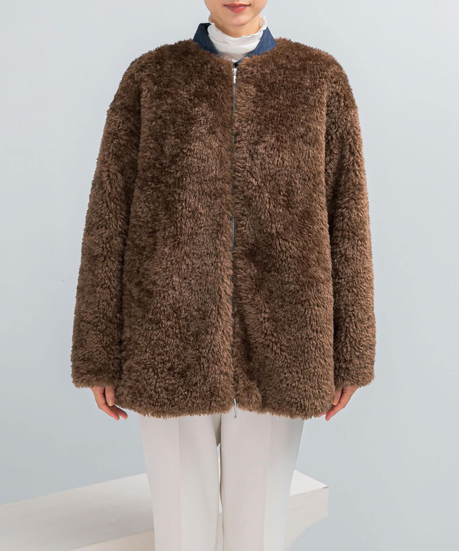 URBAN RESEARCH ROSSO「『WEB/一部店舗限定』ノーカラーファーボアZIPブルゾン」|ノーカラージャケット|