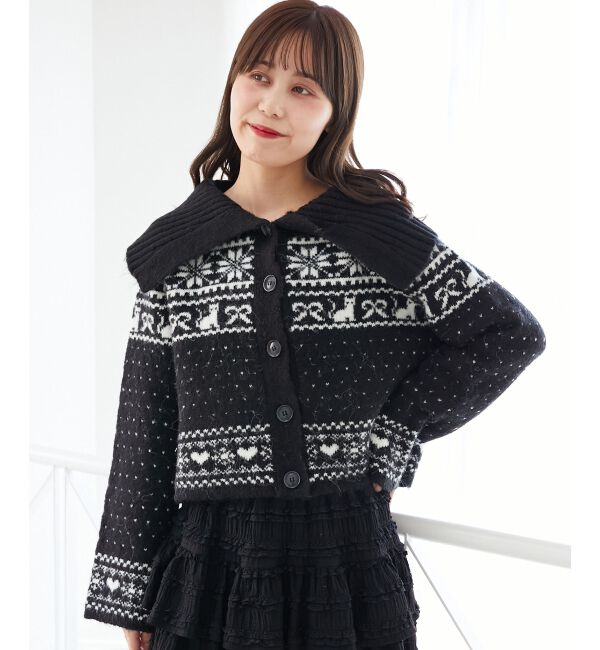  「襟付きネコチャンジャカードカーデ」|カーディガン|ブラック柄