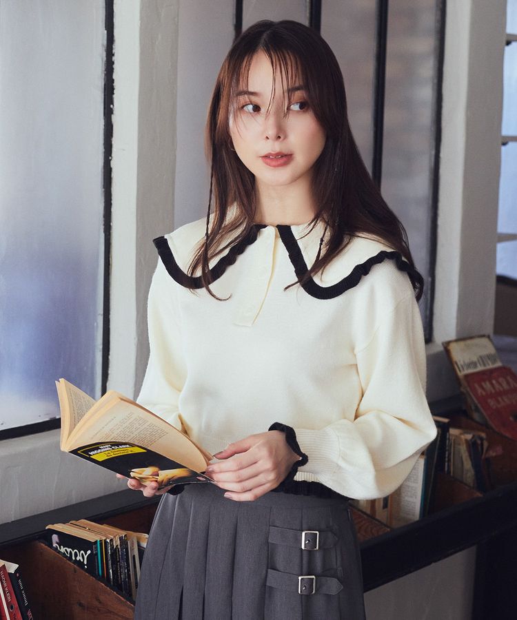 earth music&ecology「配色フリルカラーニットプルオーバー」|ニット・セーター|