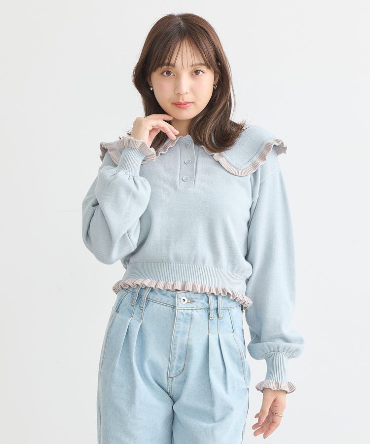 earth music&ecology「配色フリルカラーニットプルオーバー」|ニット・セーター|