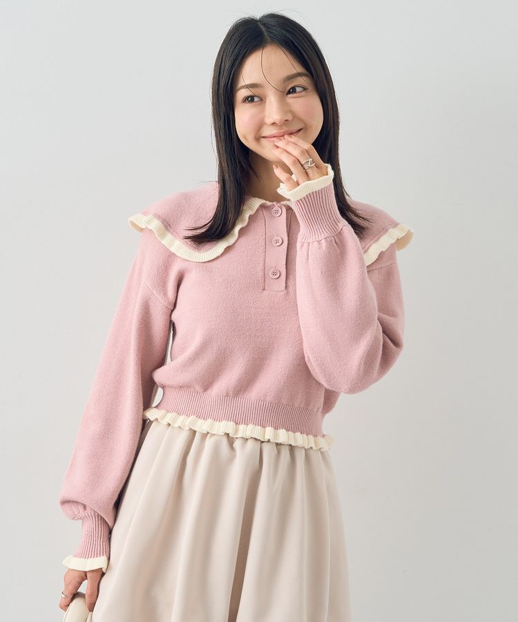 earth music&ecology「配色フリルカラーニットプルオーバー」|ニット・セーター|Pink