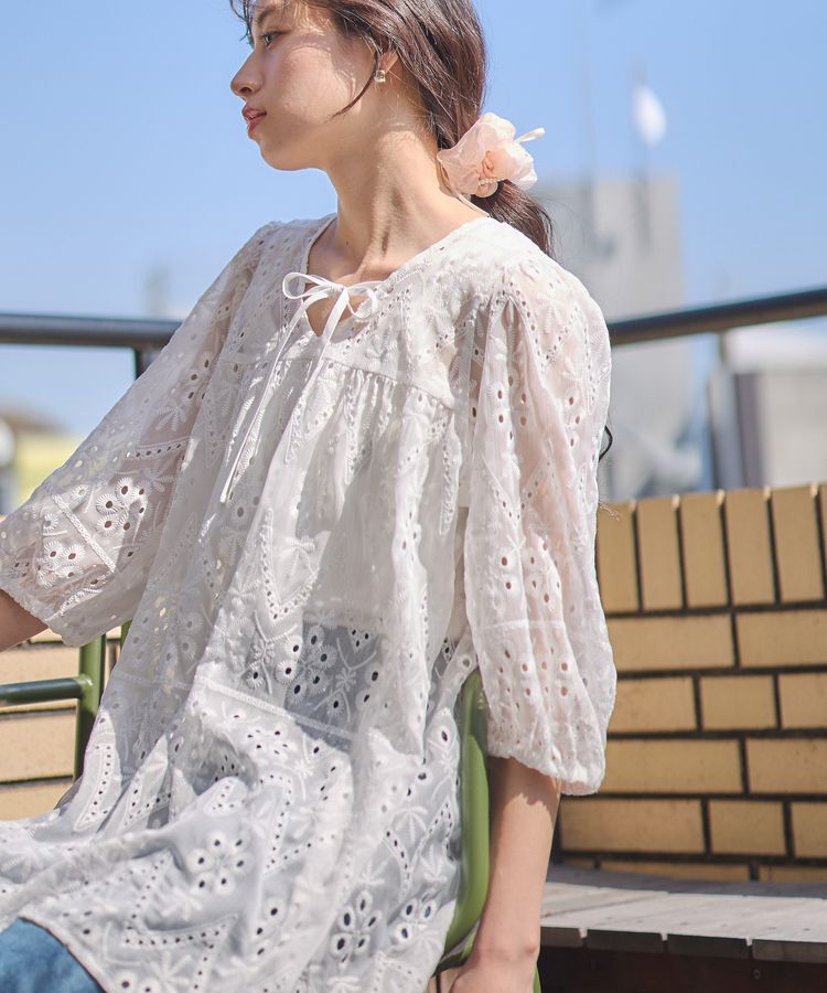 earth music&ecology「パフスリーブ楊柳刺繍チュニック」|チュニック|