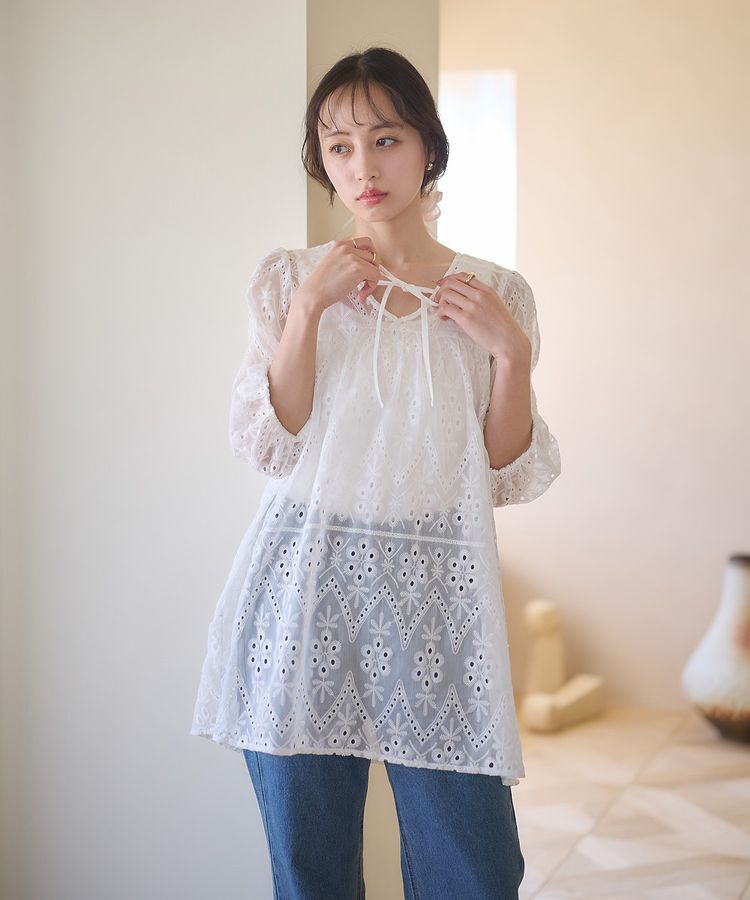 earth music&ecology「パフスリーブ楊柳刺繍チュニック」|チュニック|