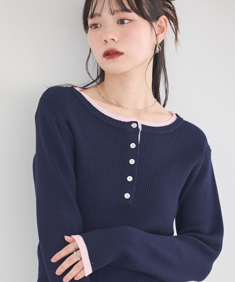 earth music&ecology「バイカラーヘンリーネックニットプルオーバー」|ニット・セーター|