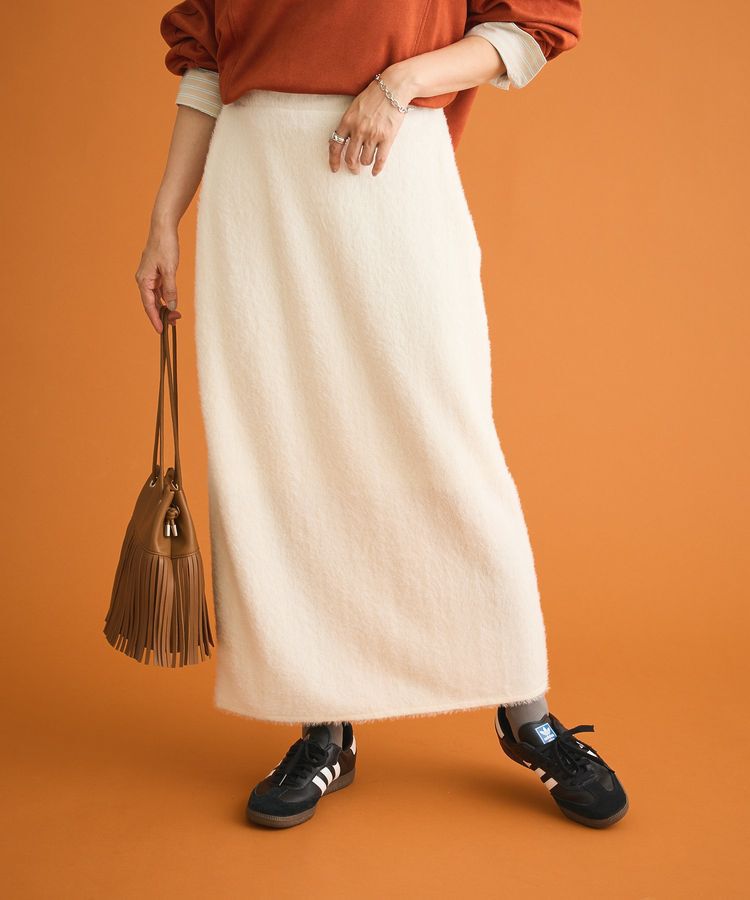 Green Parks「楽ちんシャギーIラインスカート」|タイト|Ivory