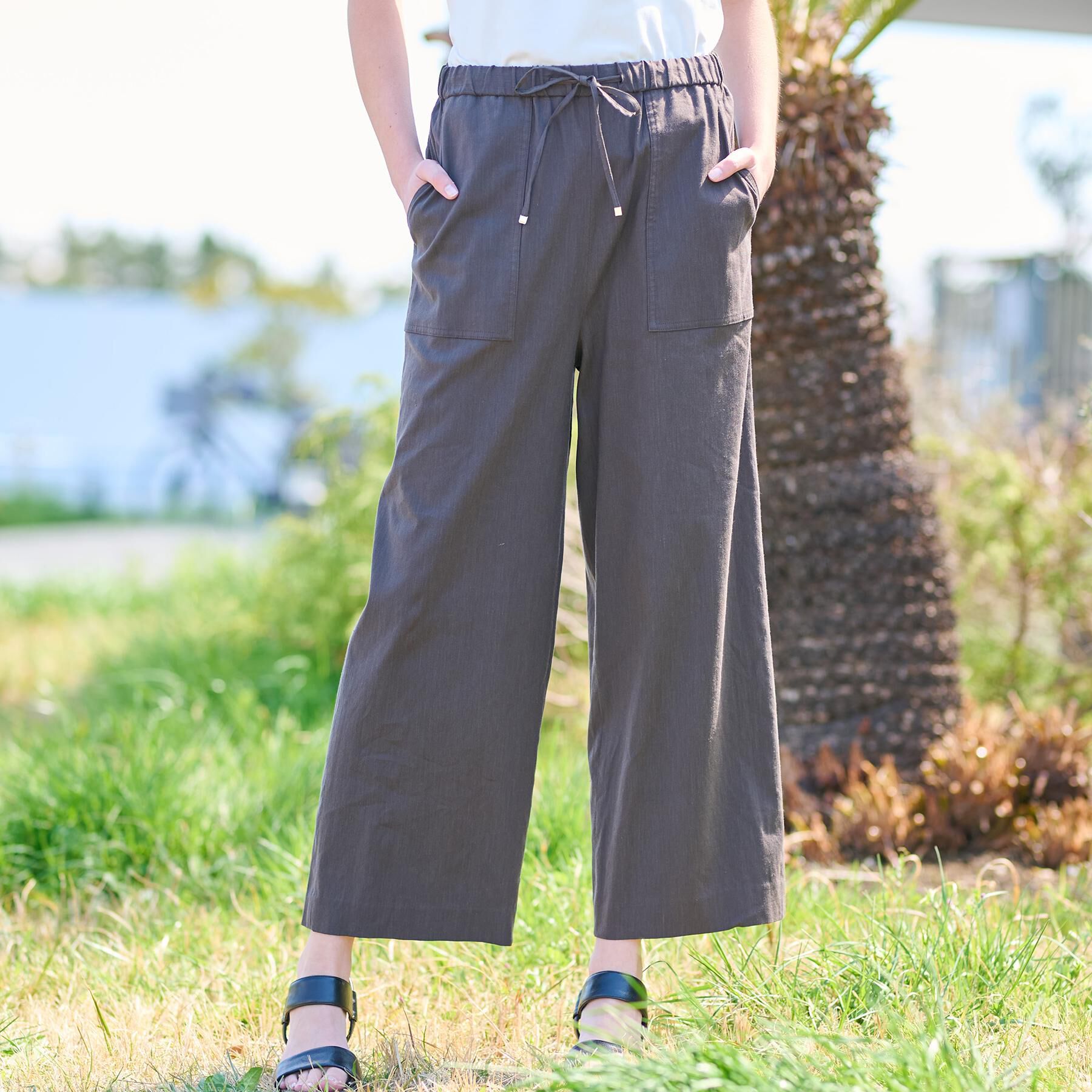 DRESSTERIOR「【接触冷感/洗える/ウエストゴム】ウォッシャブルリネンイージーワイドパンツ」|その他|ブラウン(044)