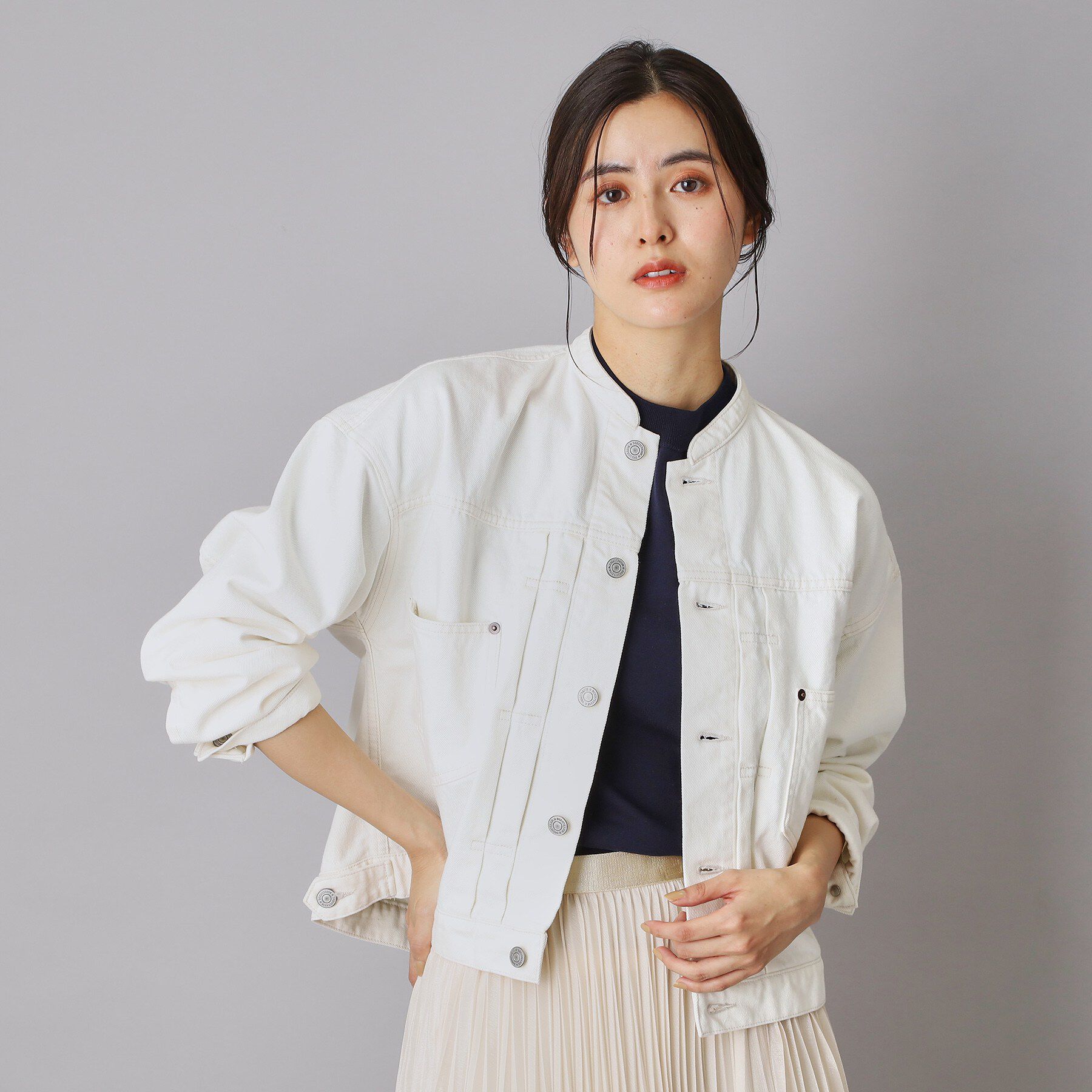 DRESSTERIOR「ヴィンテージバンドカラーGジャンホワイト」|デニムジャケット|