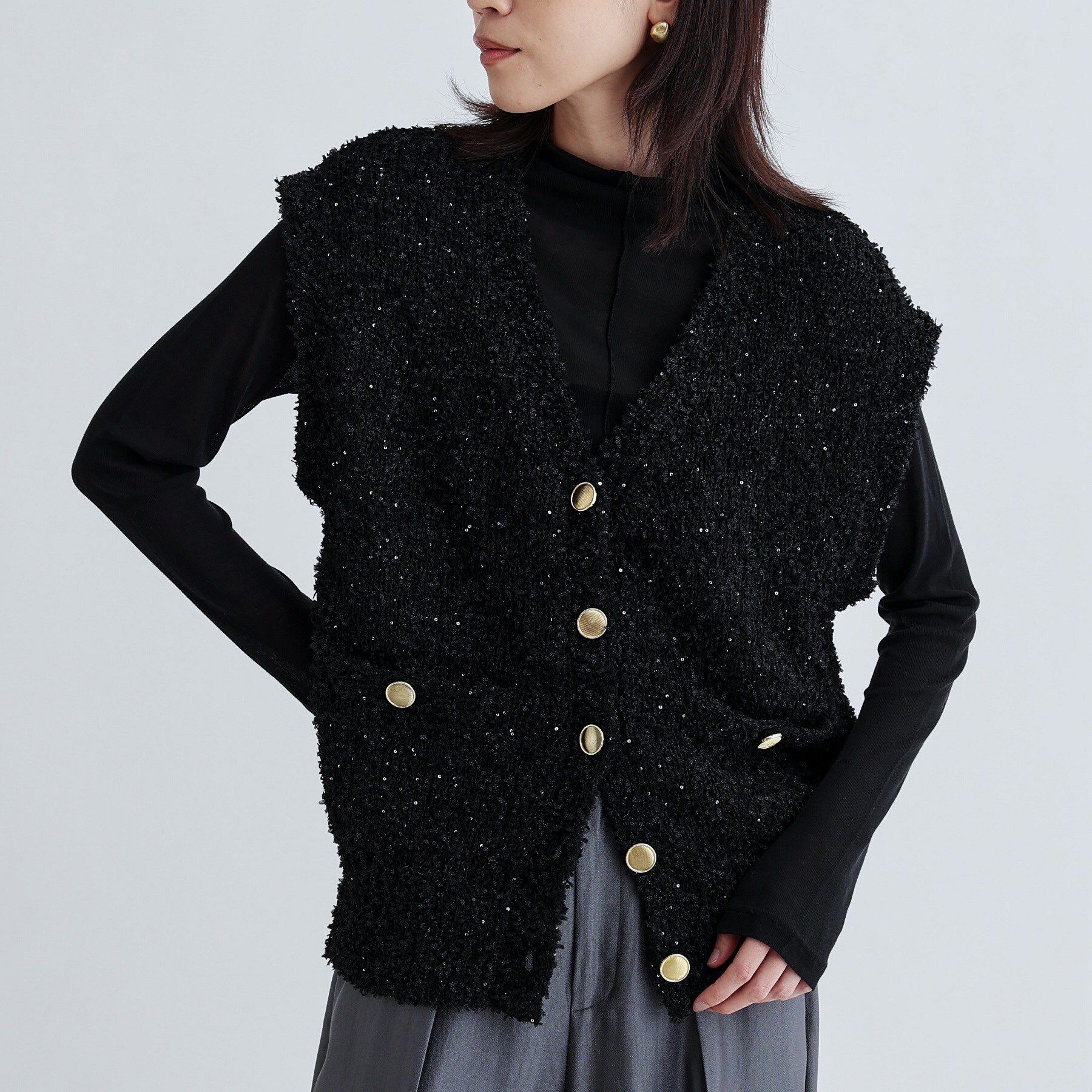 GALLEST「ツイードライクニットベスト」|ニット・セーター|ブラック(019)